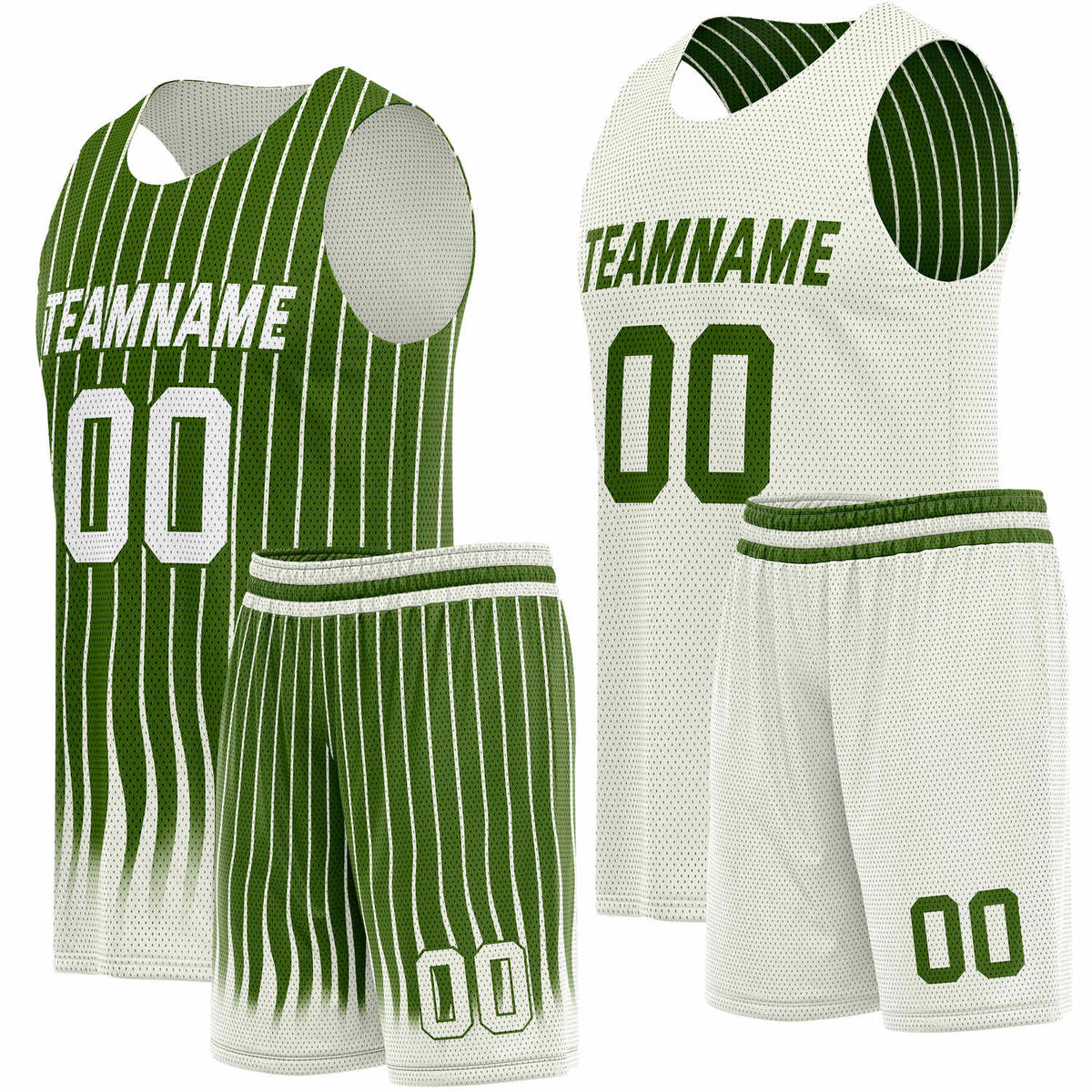 Custom Reversible Basketball Jersey + Shorts Set (Green &amp; White Stripe) - Personalized Team Name, Number &amp; LOGO | Vosoli