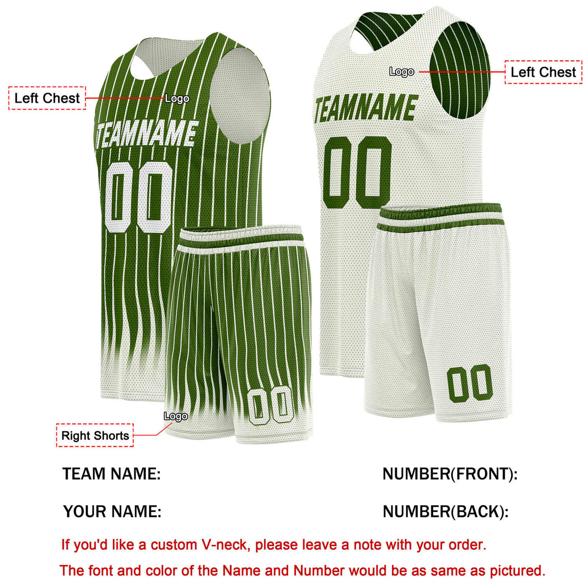 Custom Reversible Basketball Jersey + Shorts Set (Green & White Stripe) - Personalized Team Name, Number & LOGO | Vosoli