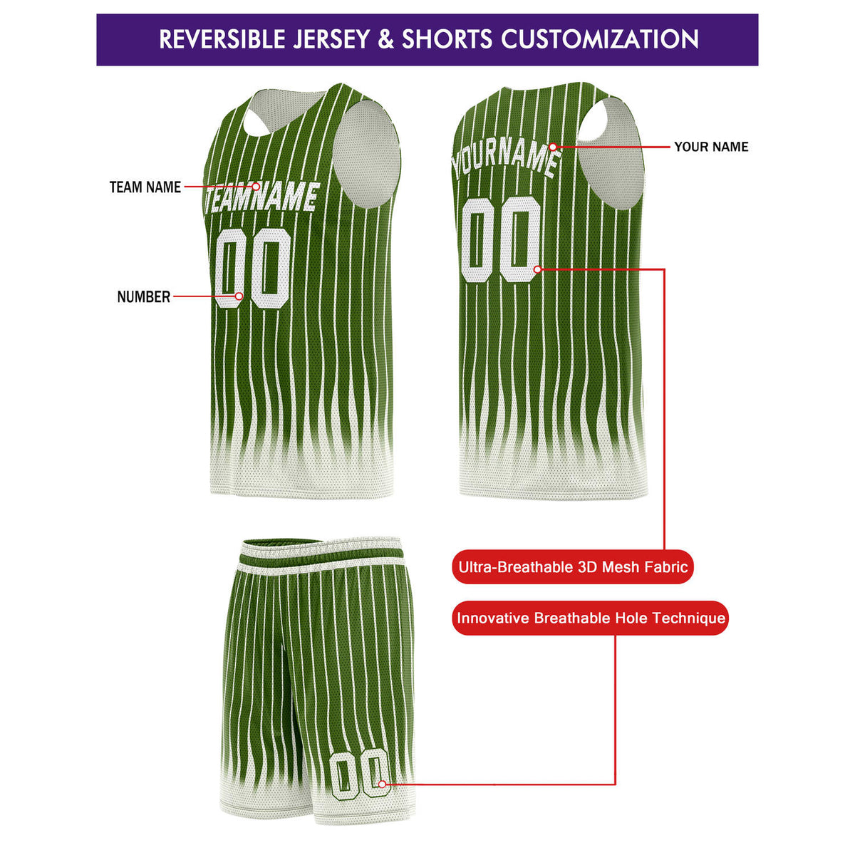 Custom Reversible Basketball Jersey + Shorts Set (Green & White Stripe) - Personalized Team Name, Number & LOGO | Vosoli