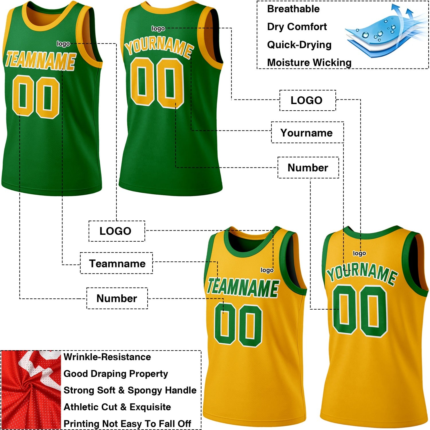 Custom Reversible Green & Yellow Basketball Jersey | Personalized Team Jersey | Vosoli