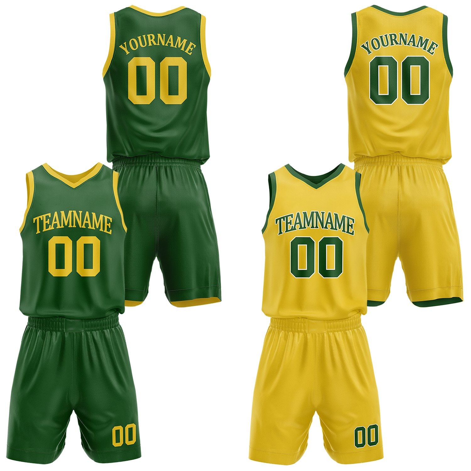 Custom reversible green & yellow basketball uniform set, personalized with team name number and logo, sports jersey and shorts for men women youth game practice - Vosoli