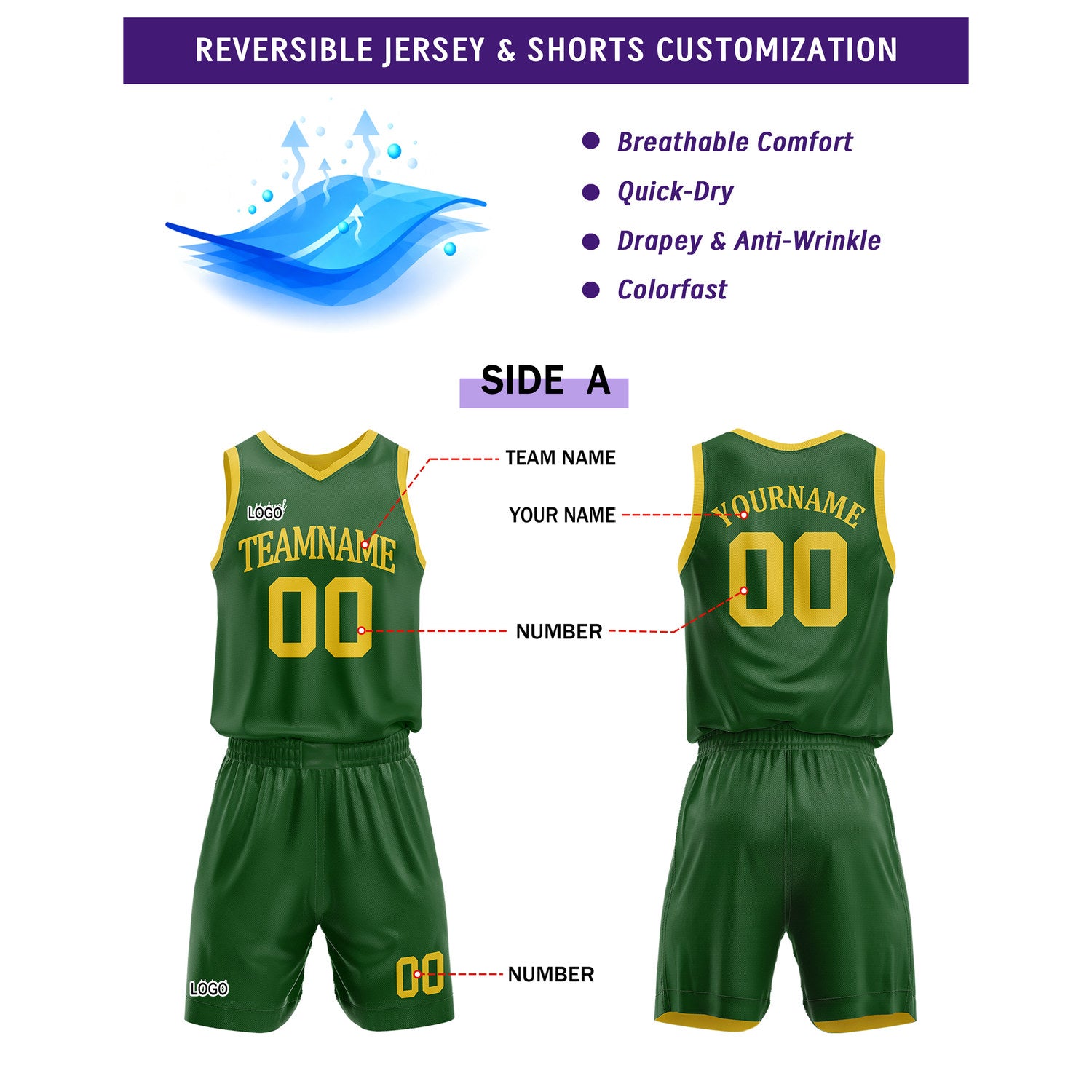 Custom Reversible Green Yellow Basketball Uniform Set | Team Name & Number - Vosoli