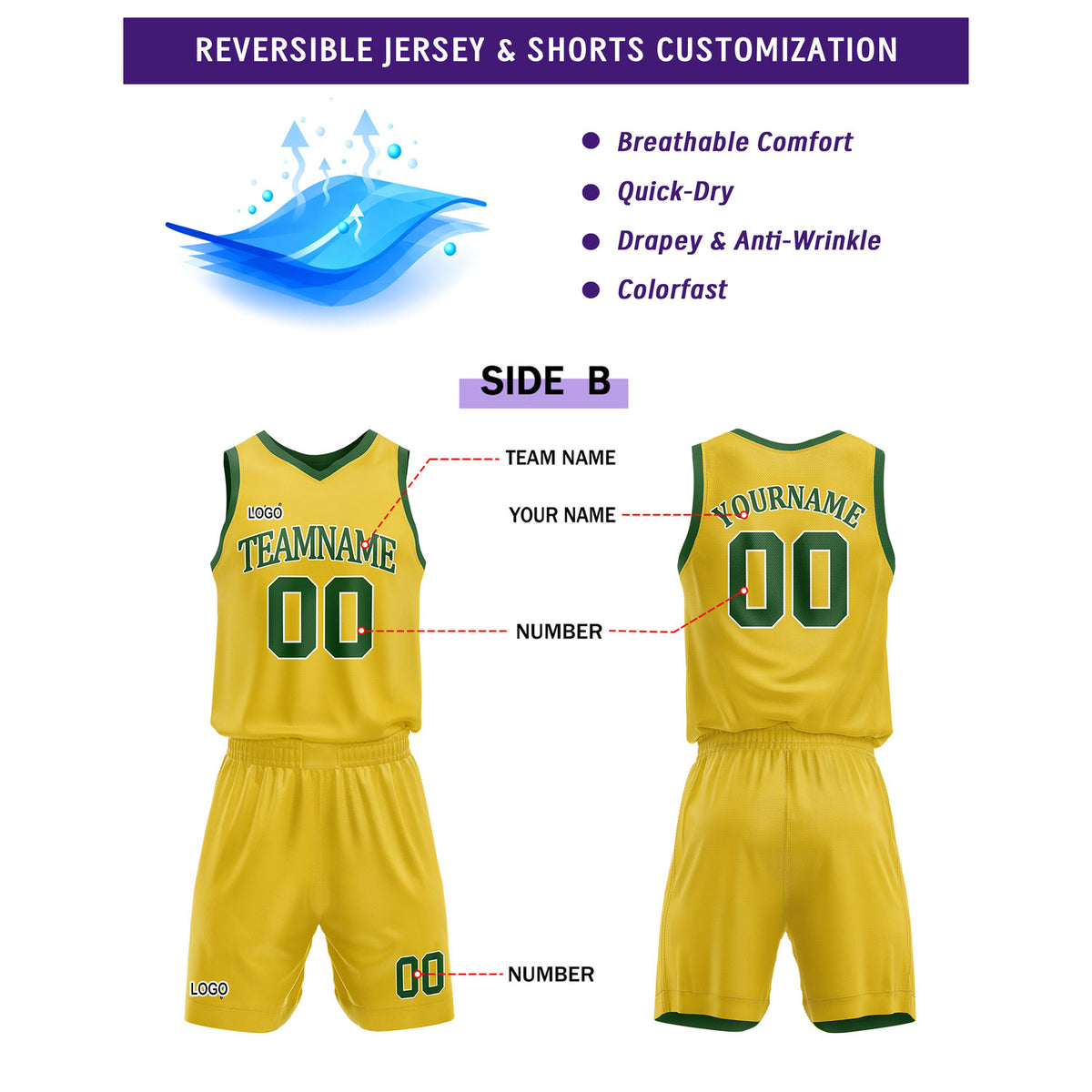 Custom Reversible Green Yellow Basketball Uniform Set | Team Name & Number - Vosoli