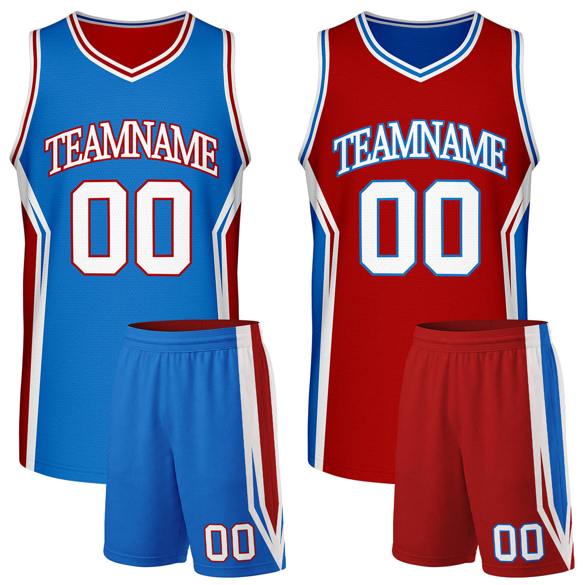 Custom reversible blue red high school basketball uniform set with team name &amp; number. Factory-direct, fast shipping.