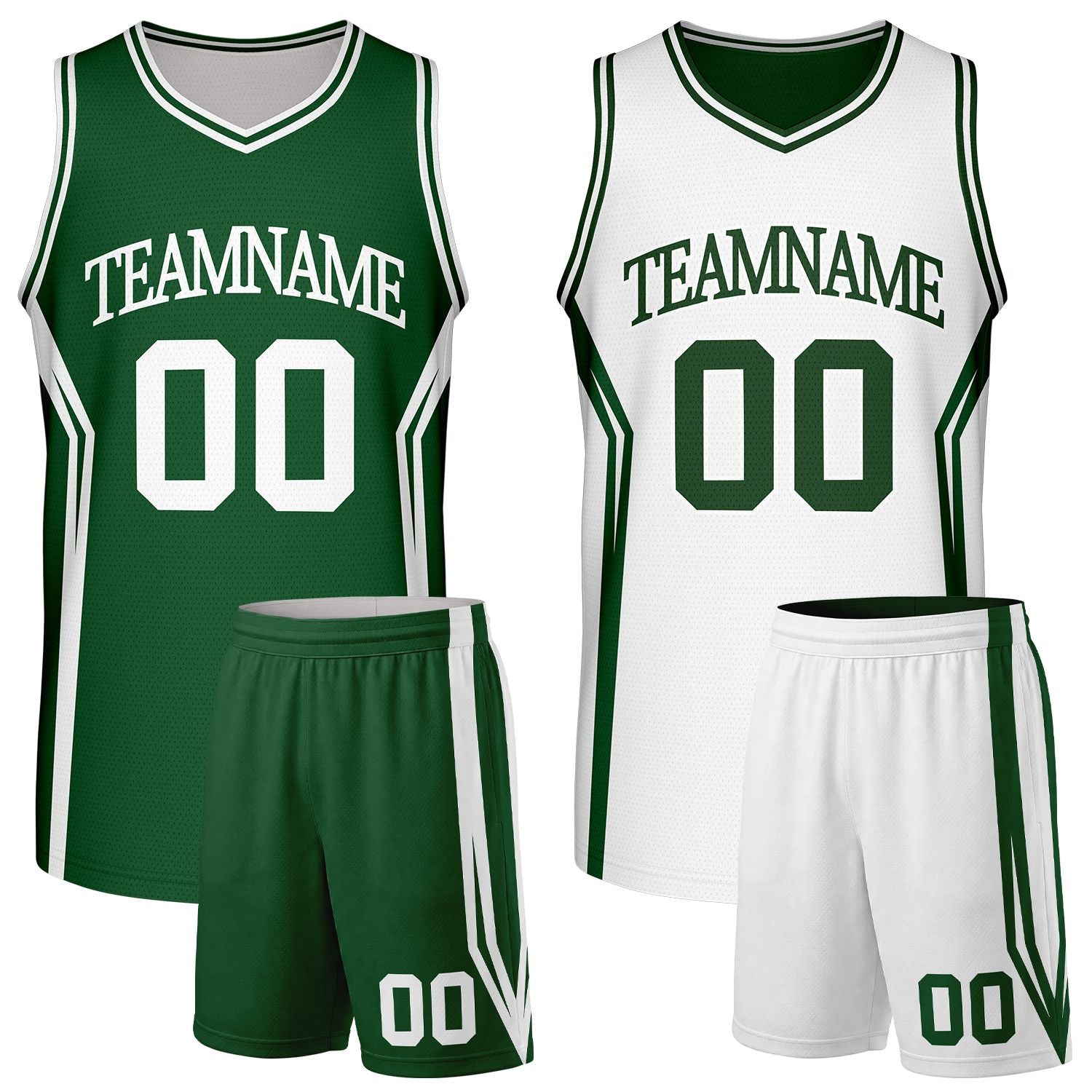 Custom reversible green white high school basketball uniform set with team name & number. Factory-direct, fast shipping.
