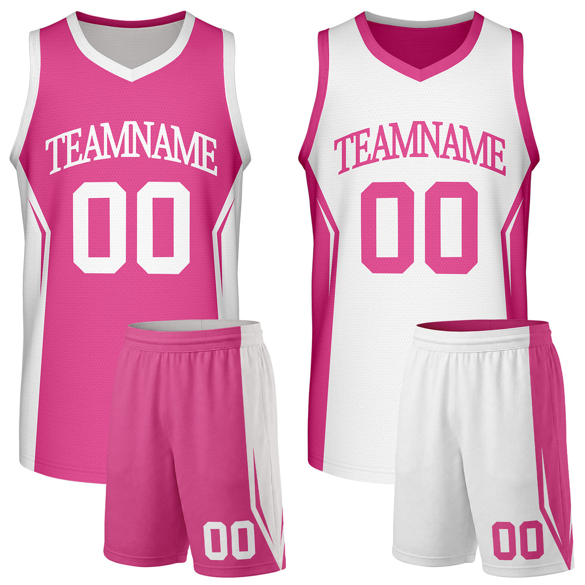 Custom Reversible Hot Pink White High School Girls Basketball Uniform Set With Team Name &amp; Number. Factory-Direct, Fast Shipping.