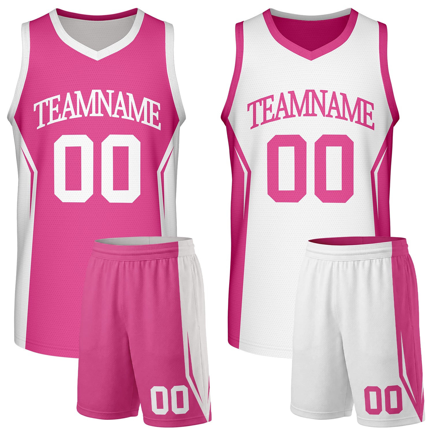 Custom Reversible Hot Pink White High School Girls Basketball Uniform Set With Team Name & Number. Factory-Direct, Fast Shipping.