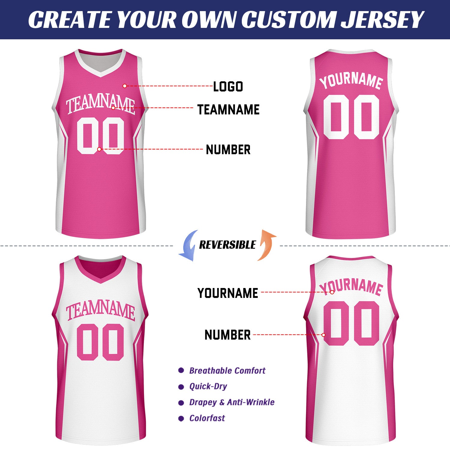 Custom Hot Pink & White Two Sided Basketball Uniform Set | Personalized Team Uniforms for Adult & Youth