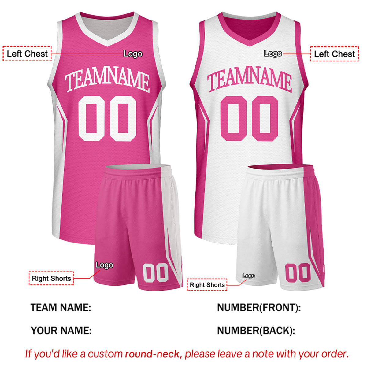 Custom Hot Pink & White Two Sided Basketball Uniform Set | Personalized Team Uniforms for Adult & Youth