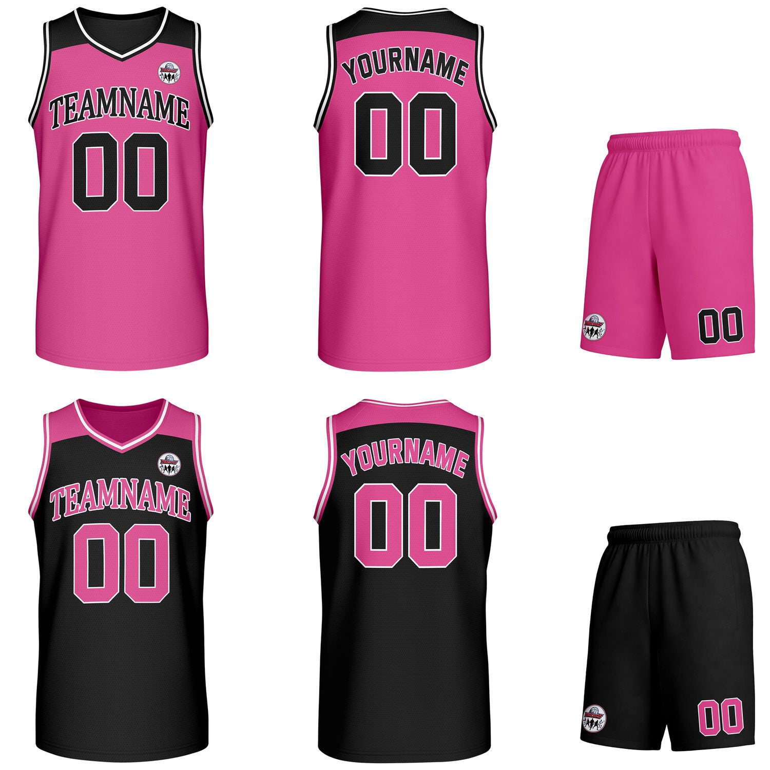 Custom reversible pink & black basketball uniform set, personalized with team name number and logo, breathable mesh fabric for men women youth game practice - Vosoli