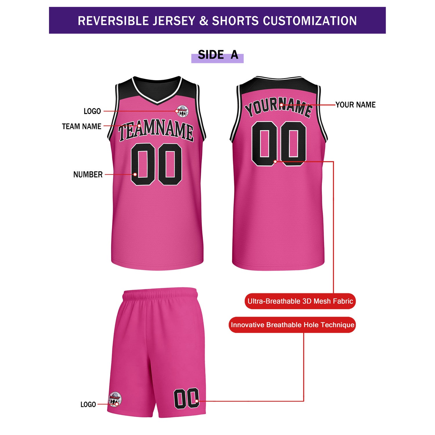 Custom Reversible Hot Pink Black Basketball Uniform Set | Team Name & Number - Vosoli