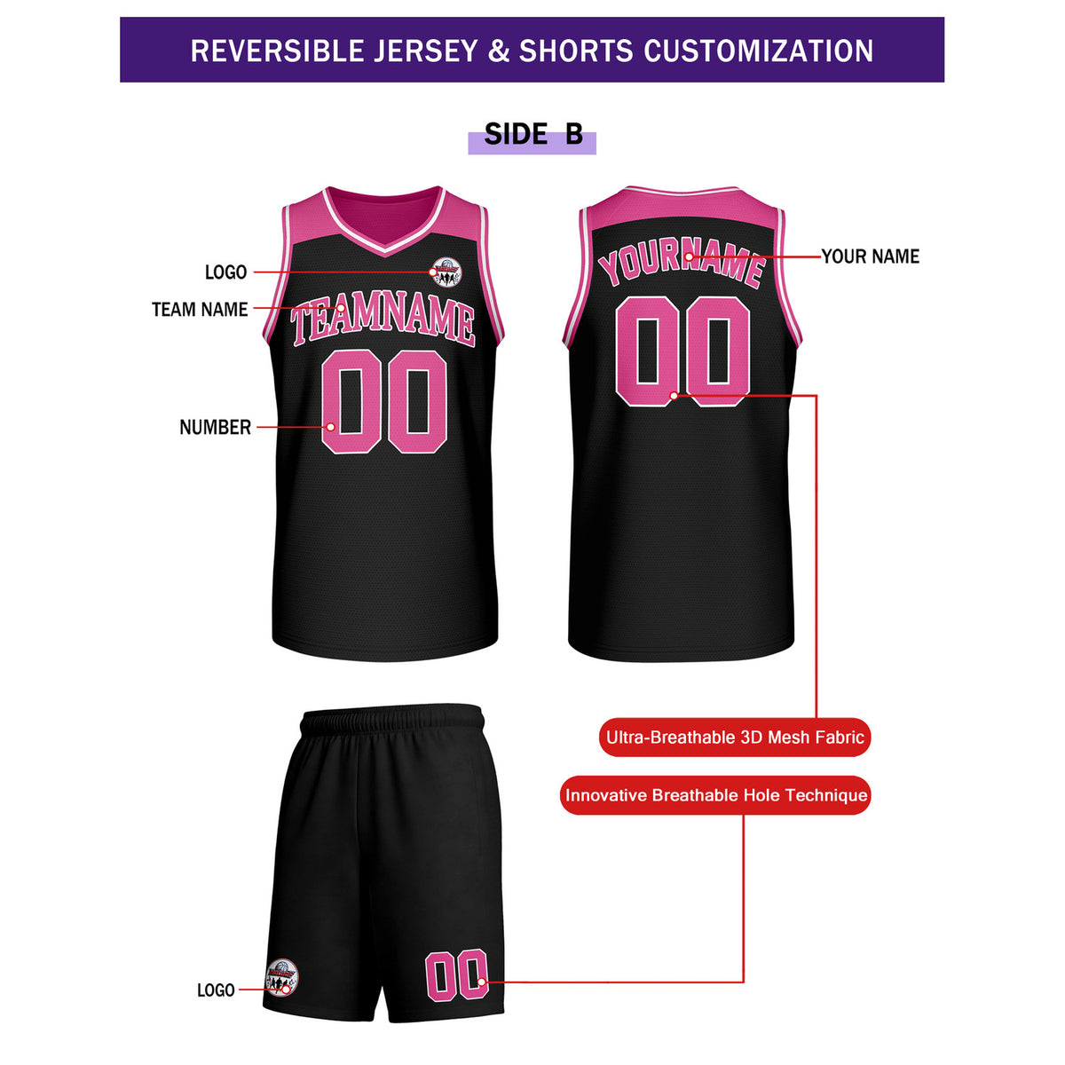 Custom Reversible Hot Pink Black Basketball Uniform Set | Team Name & Number - Vosoli
