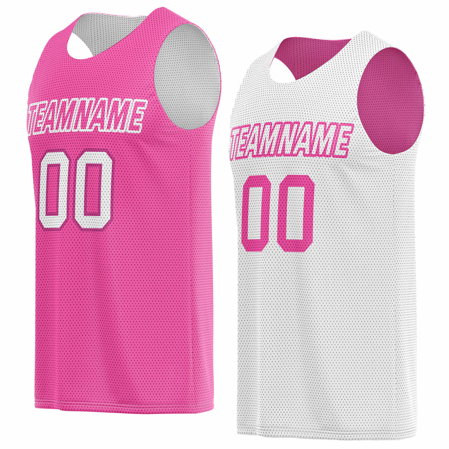 Custom reversible pink & white basketball jersey, personalized team name number logo breathable mesh sports top for men women youth game practice wear - Vosoli