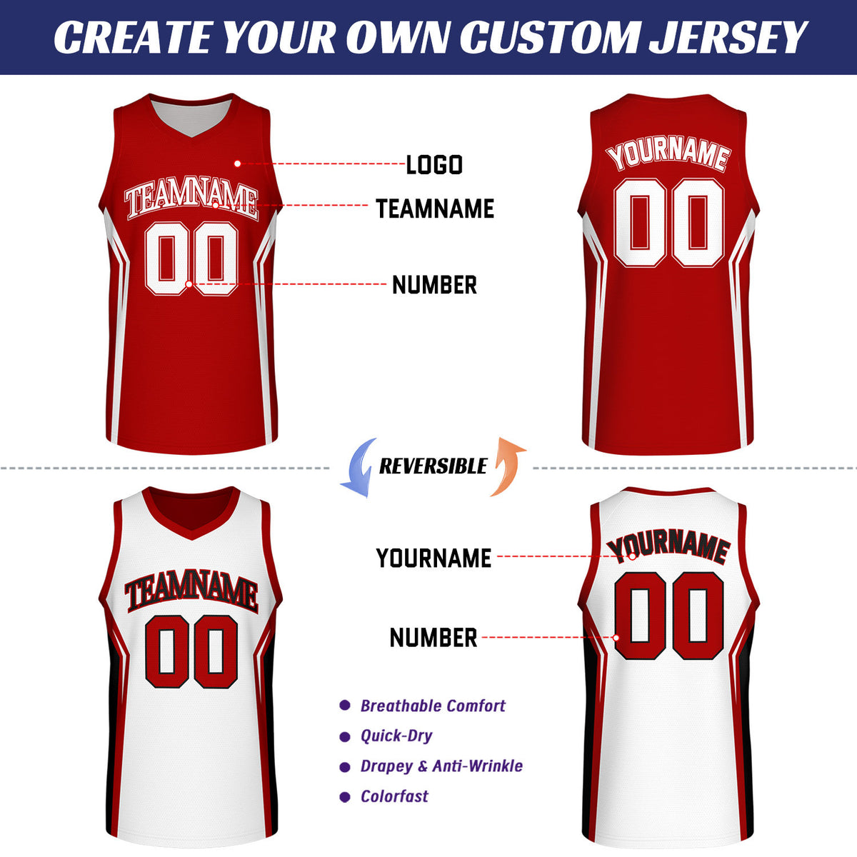 Custom Red & White Two Sided Basketball Uniform Set | Personalized Team Uniforms for Adult & Youth