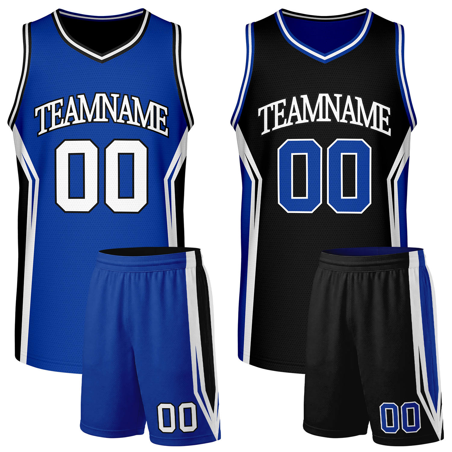 Custom Reversible Royal Blue Black Junior High Basketball Uniform Set With Team Name & Number. Factory-Direct, Fast Shipping.