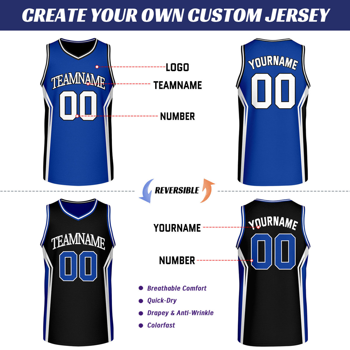 Custom Royal Blue & Black Two Sided Basketball Uniform Set | Personalized Team Uniforms for Adult & Youth