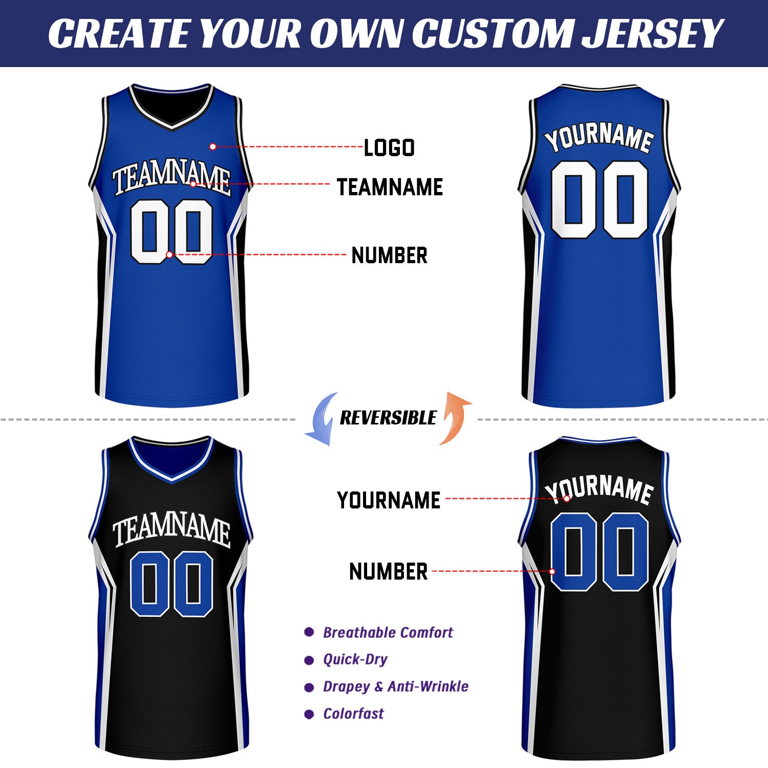 Custom Royal Blue & Black Two Sided Basketball Uniform Set | Personalized Team Uniforms for Adult & Youth