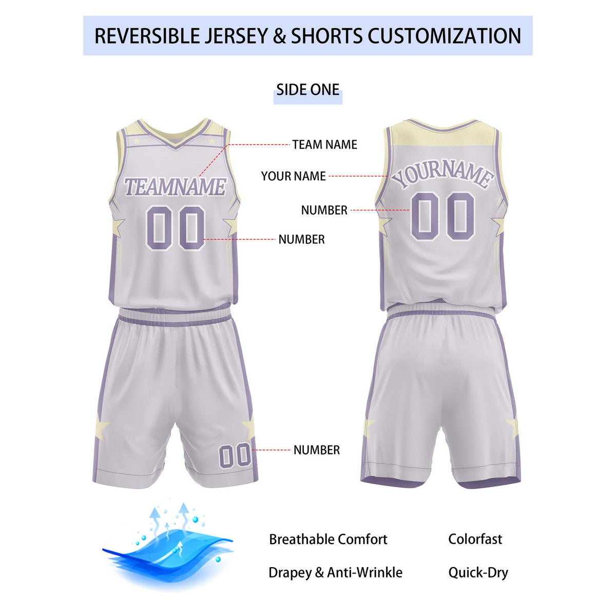 Custom Reversible Lavender Star Basketball Uniform Set | Team Name & Number - Vosoli