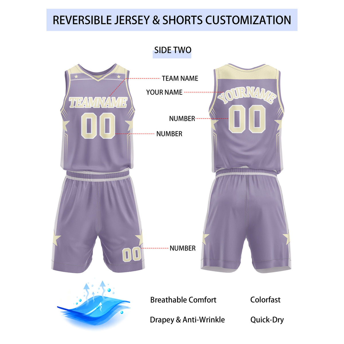 Custom Reversible Lavender Star Basketball Uniform Set | Team Name & Number - Vosoli