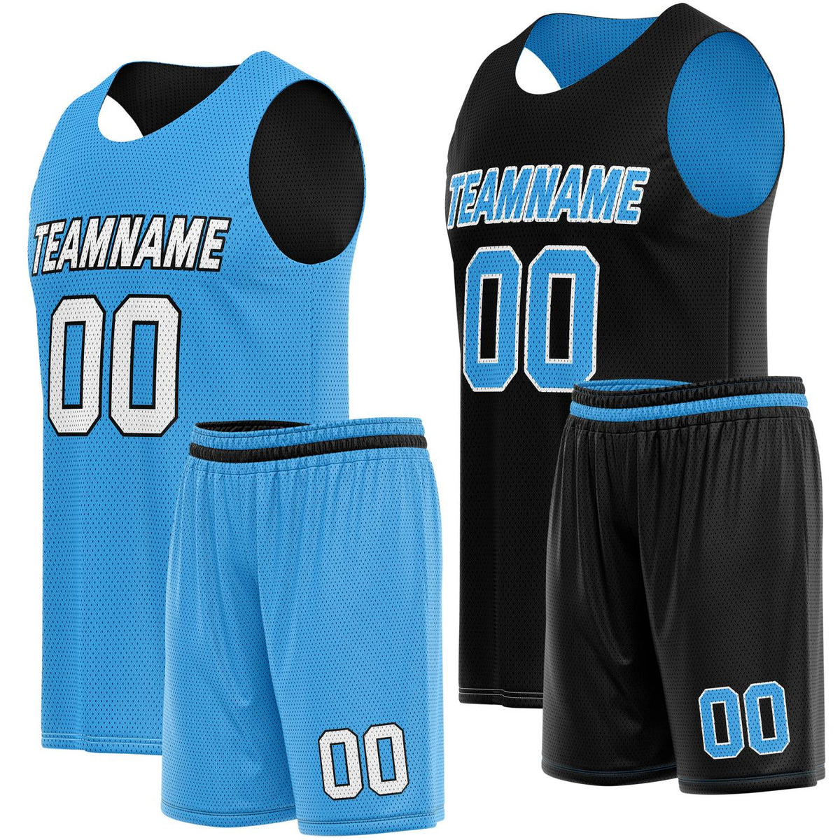 Custom Reversible Black Light Blue Basketball Jersey Shorts Set, Personalized Team Name Number, Breathable Mesh Uniform for Men Women Youth