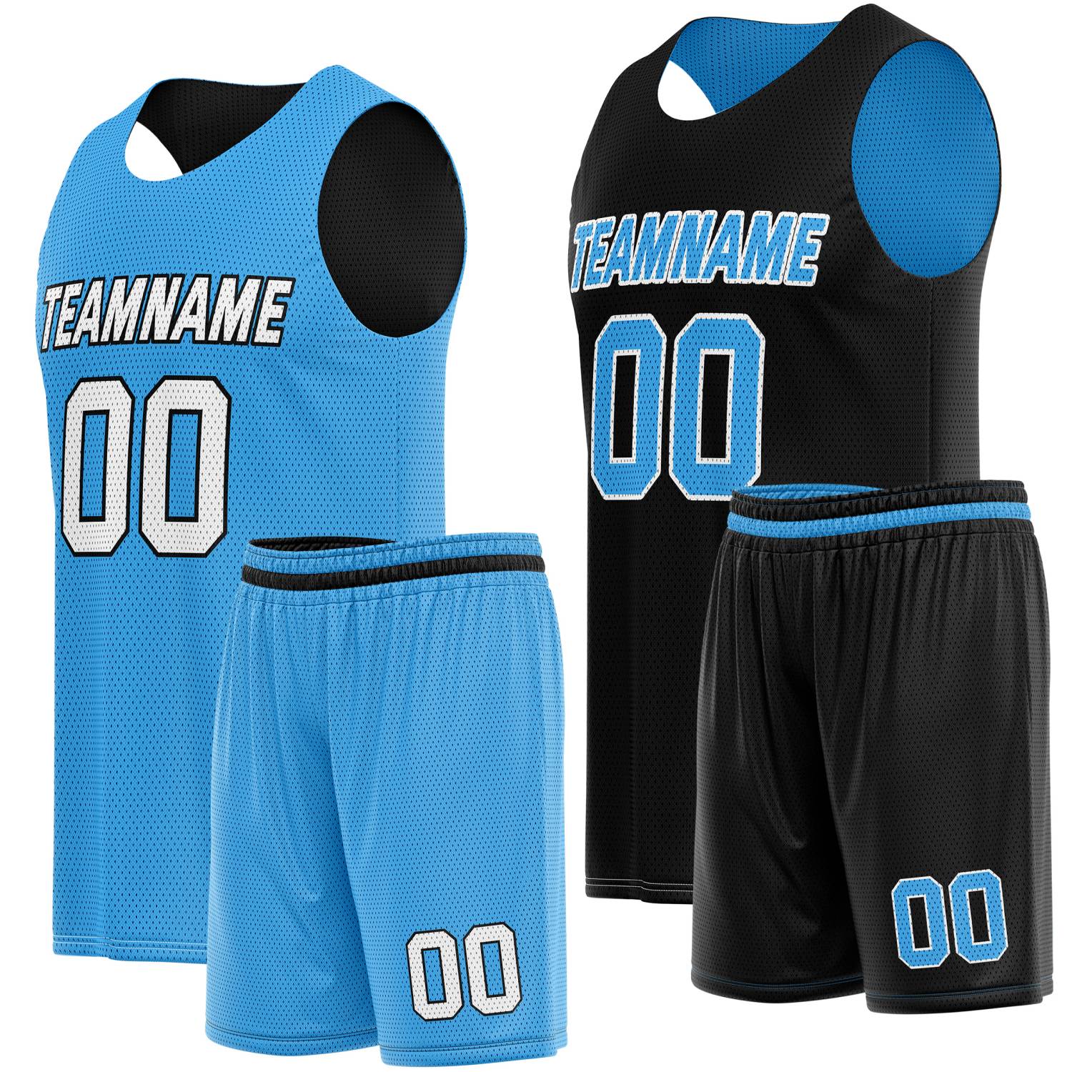 Custom Reversible Black Light Blue Basketball Jersey Shorts Set, Personalized Team Name Number, Breathable Mesh Uniform for Men Women Youth
