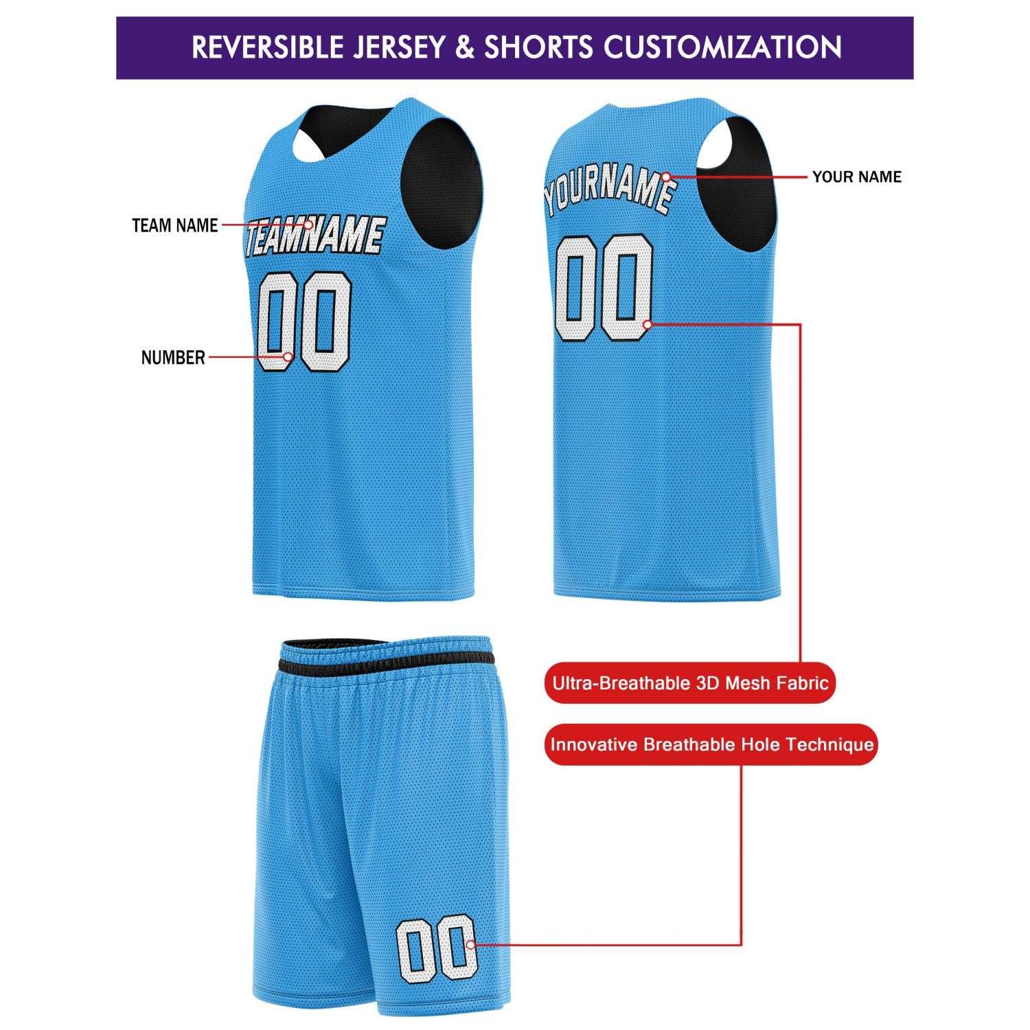 Custom Reversible Black Light Blue Basketball Jersey Shorts Set, Personalized Team Name Number, Breathable Mesh Uniform for Men Women Youth