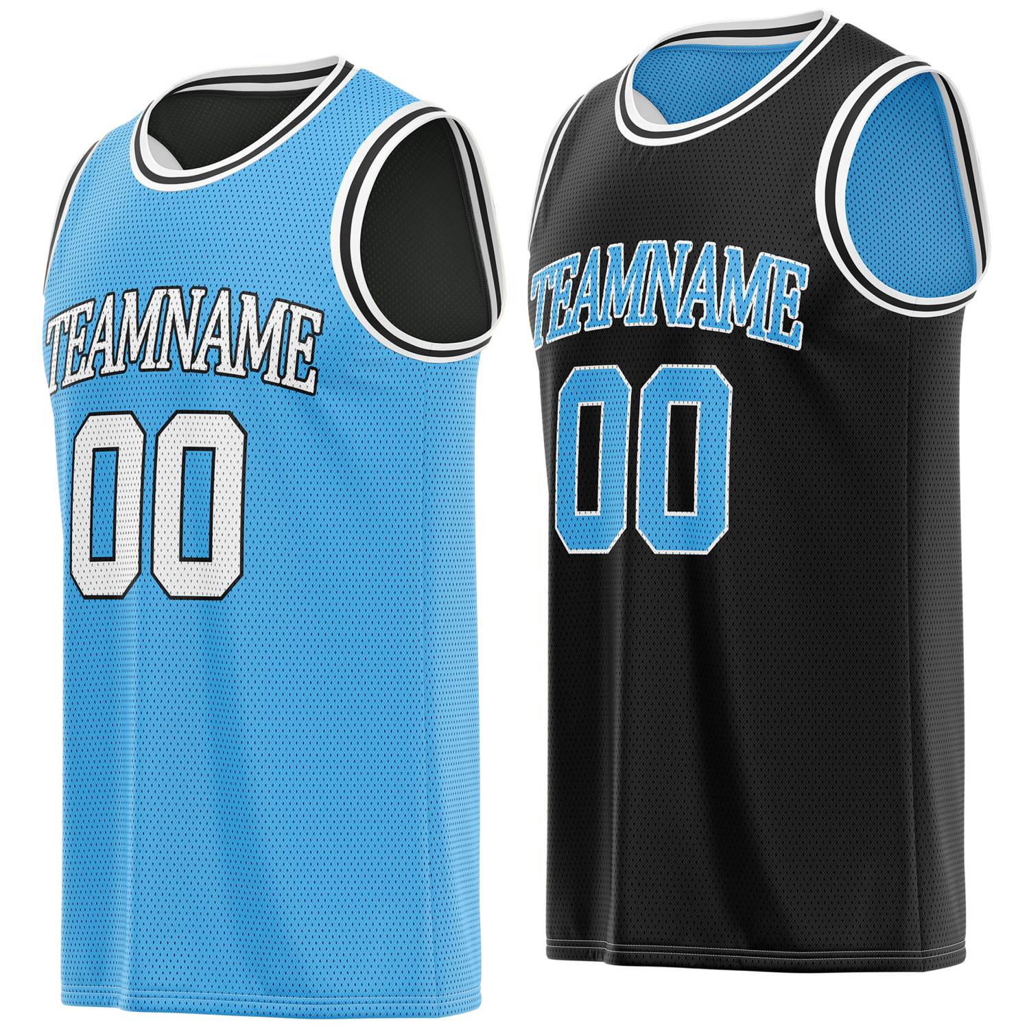 Custom reversible light blue & black basketball jersey, personalized team name number logo breathable mesh sports top for men women youth game practice - Vosoli