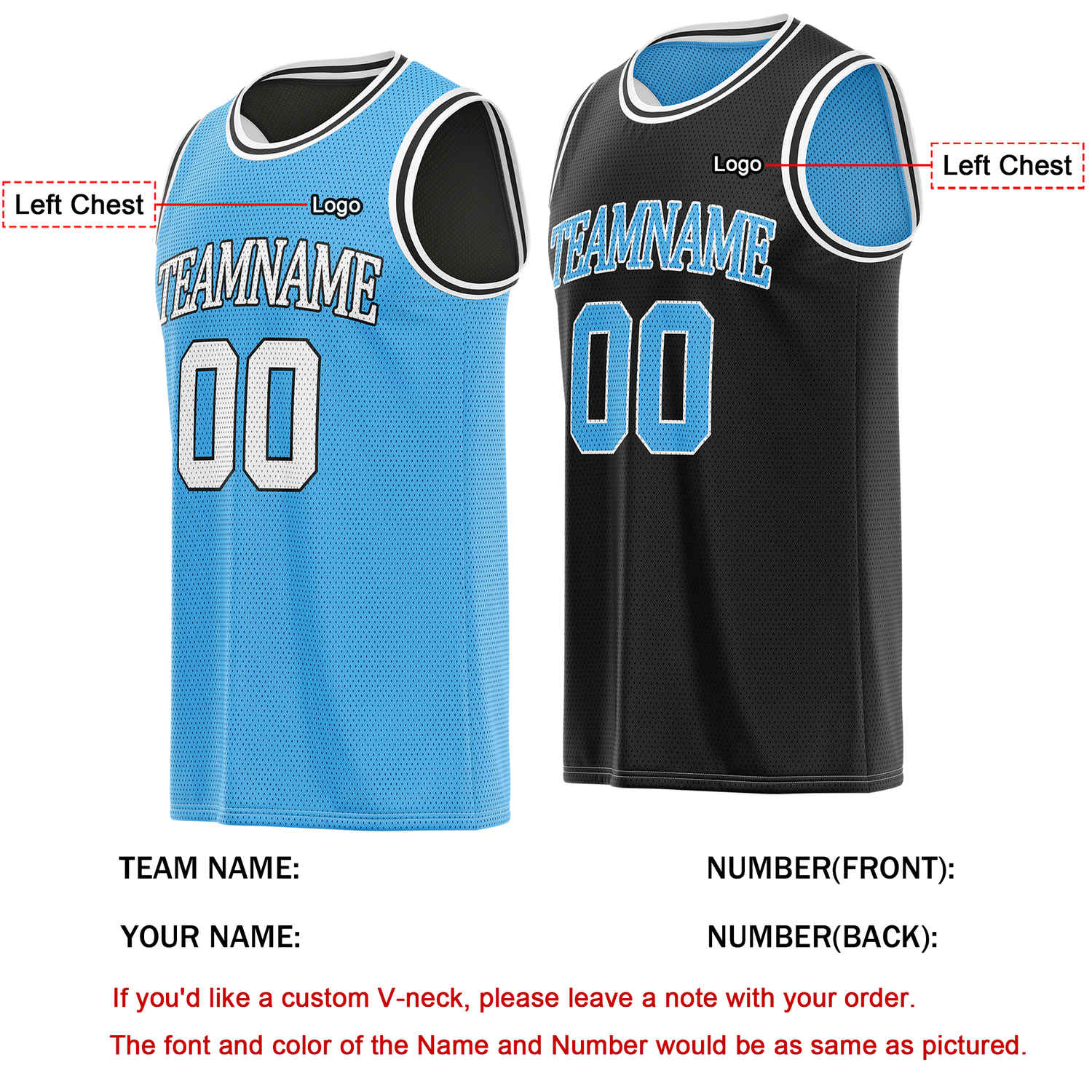 Custom reversible light blue & black basketball jersey, personalized team name number logo breathable mesh sports top for men women youth game practice - Vosoli