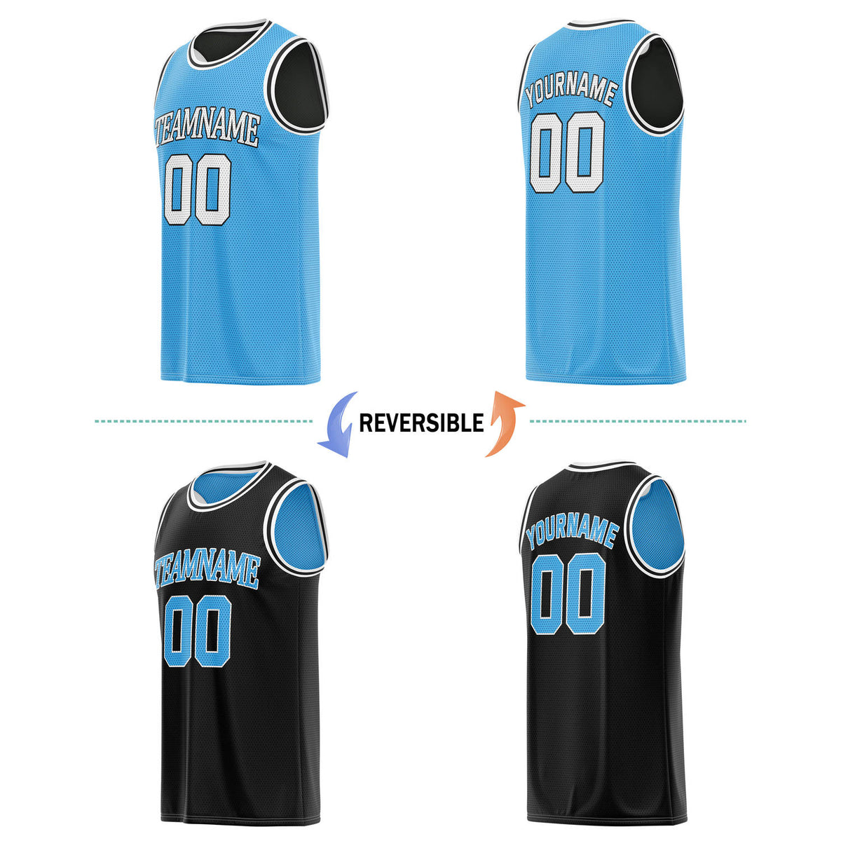 Custom Reversible Light Blue & Black Basketball Jersey | Personalized Team Name & Number - Vosoli