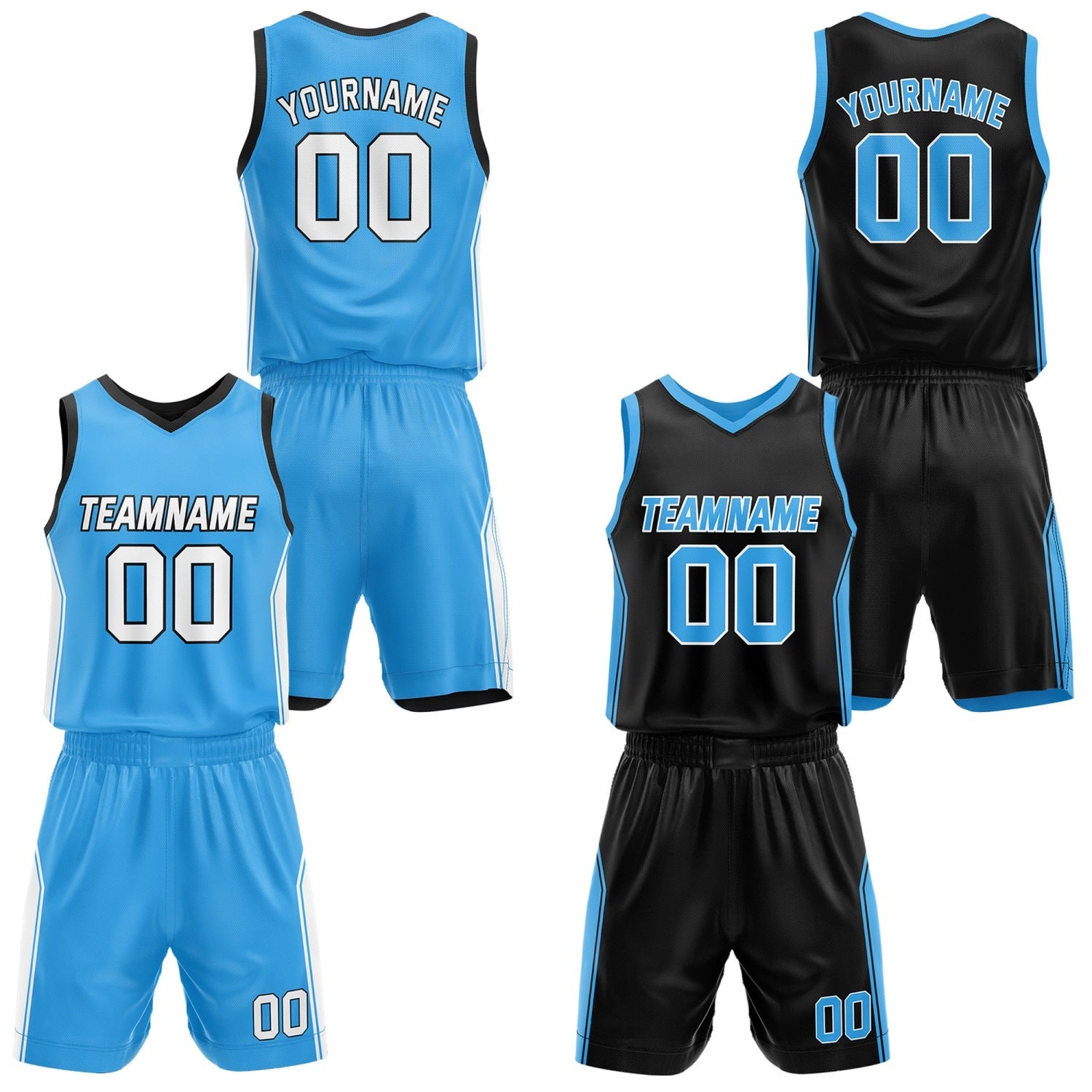 Custom Reversible Light Blue Black Basketball Jersey and Shorts Set, Personalized Team Name Number Breathable Mesh Uniform for Men Women Youth