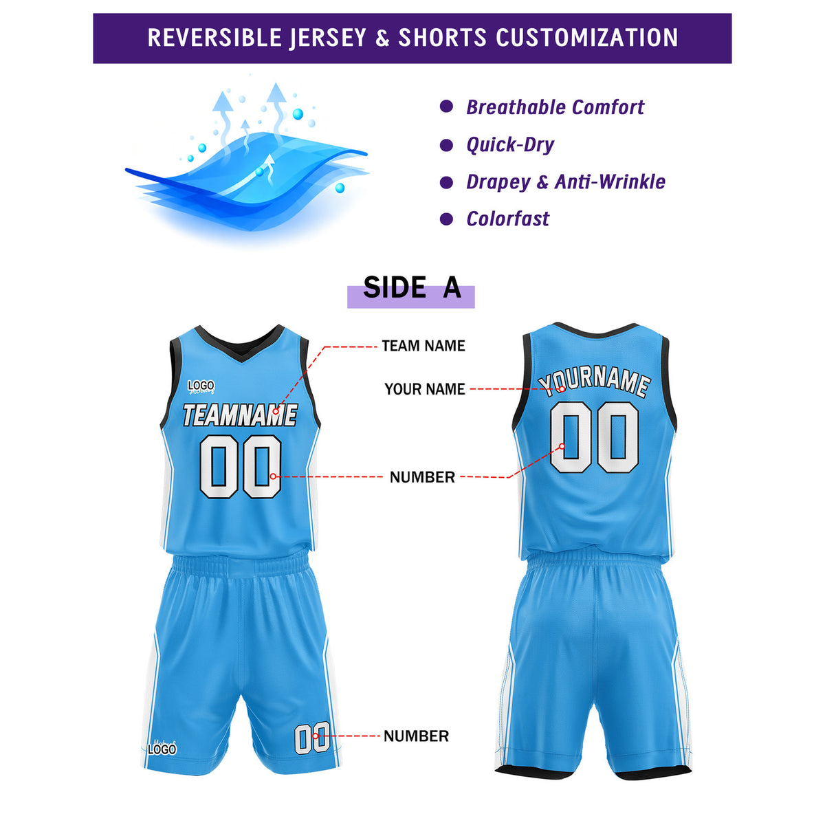 Custom Reversible Light Blue Black Basketball Uniform Set | Personalized Name & Number - Vosoli