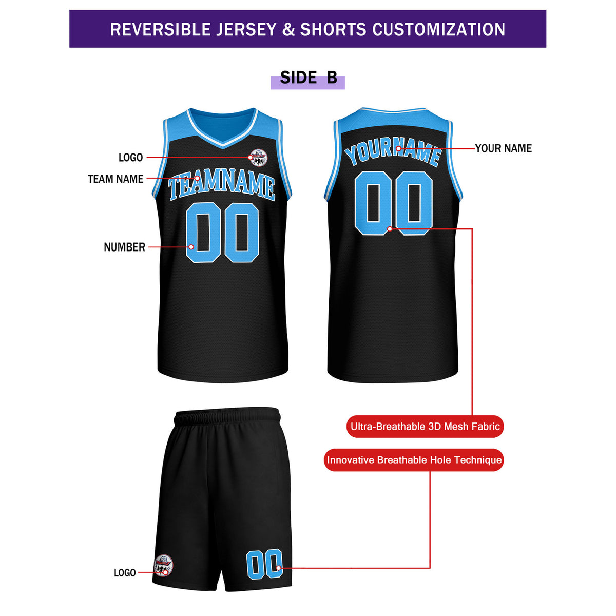 Custom Reversible Light Blue Black Basketball Uniform Set | Team Name & Number - Vosoli