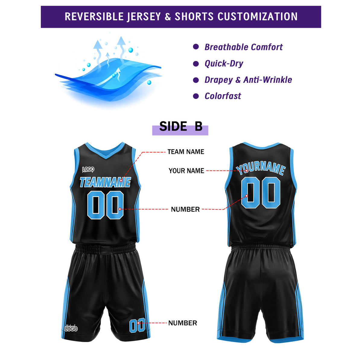 Custom Reversible Light Blue Black Basketball Uniform Set | Personalized Name & Number - Vosoli
