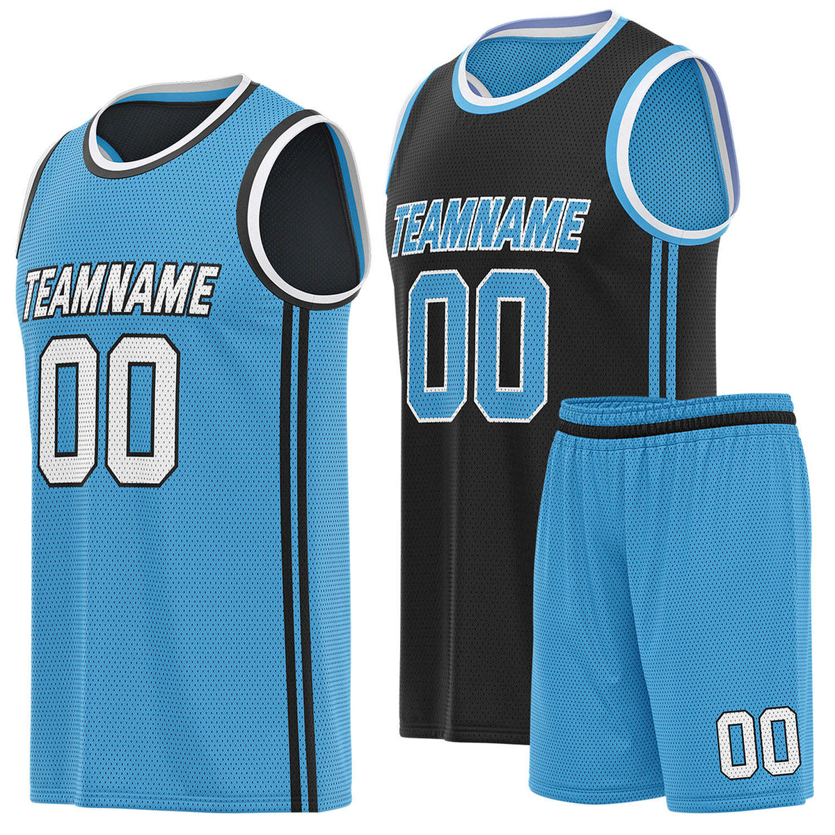 Custom reversible blue &amp; black basketball uniform (jersey + shorts), personalized team name number logo breathable mesh sports set for men women youth game practice - Vosoli
