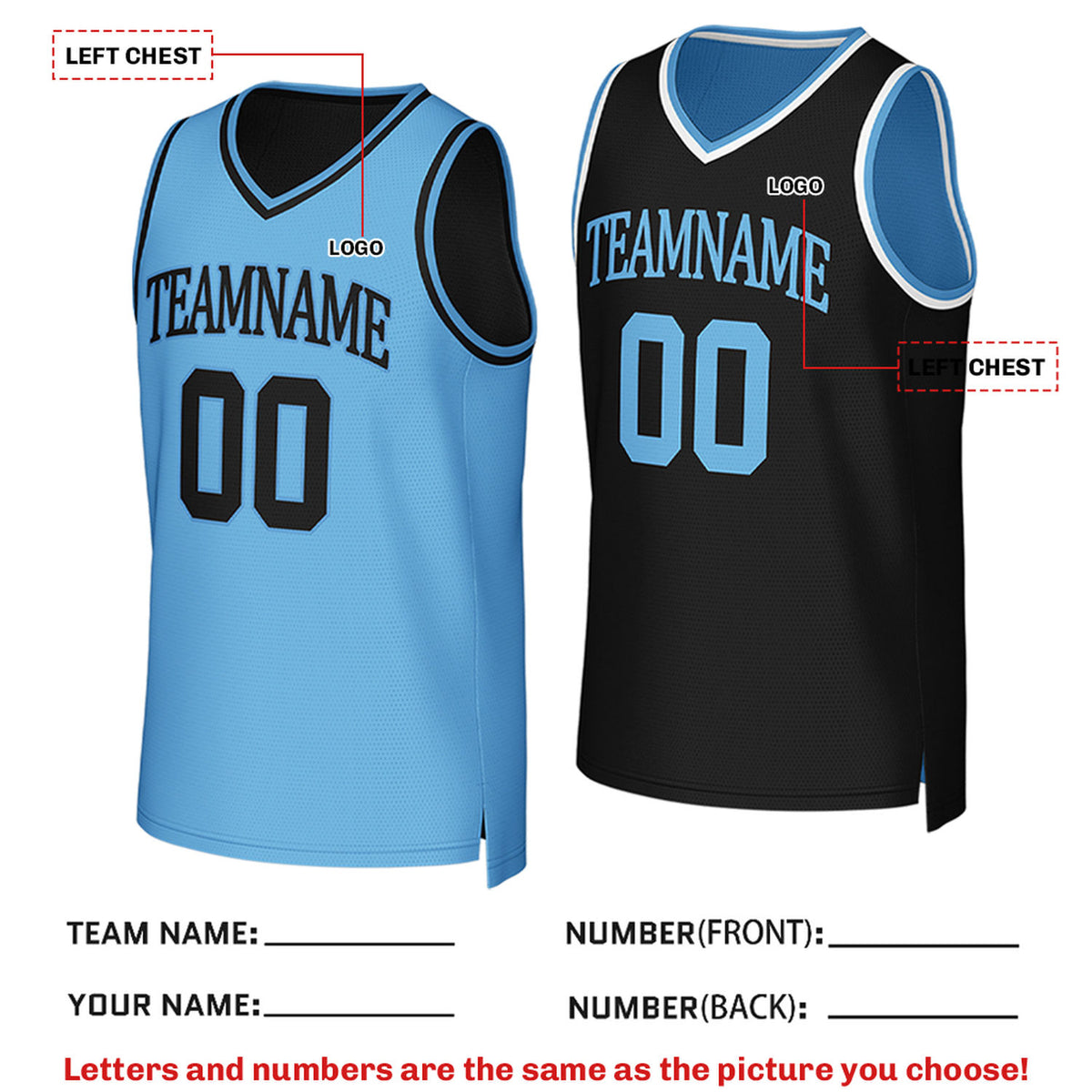 Custom Reversible Light Blue & Black Mesh Basketball Jersey | Personalized Team Jersey | Vosoli