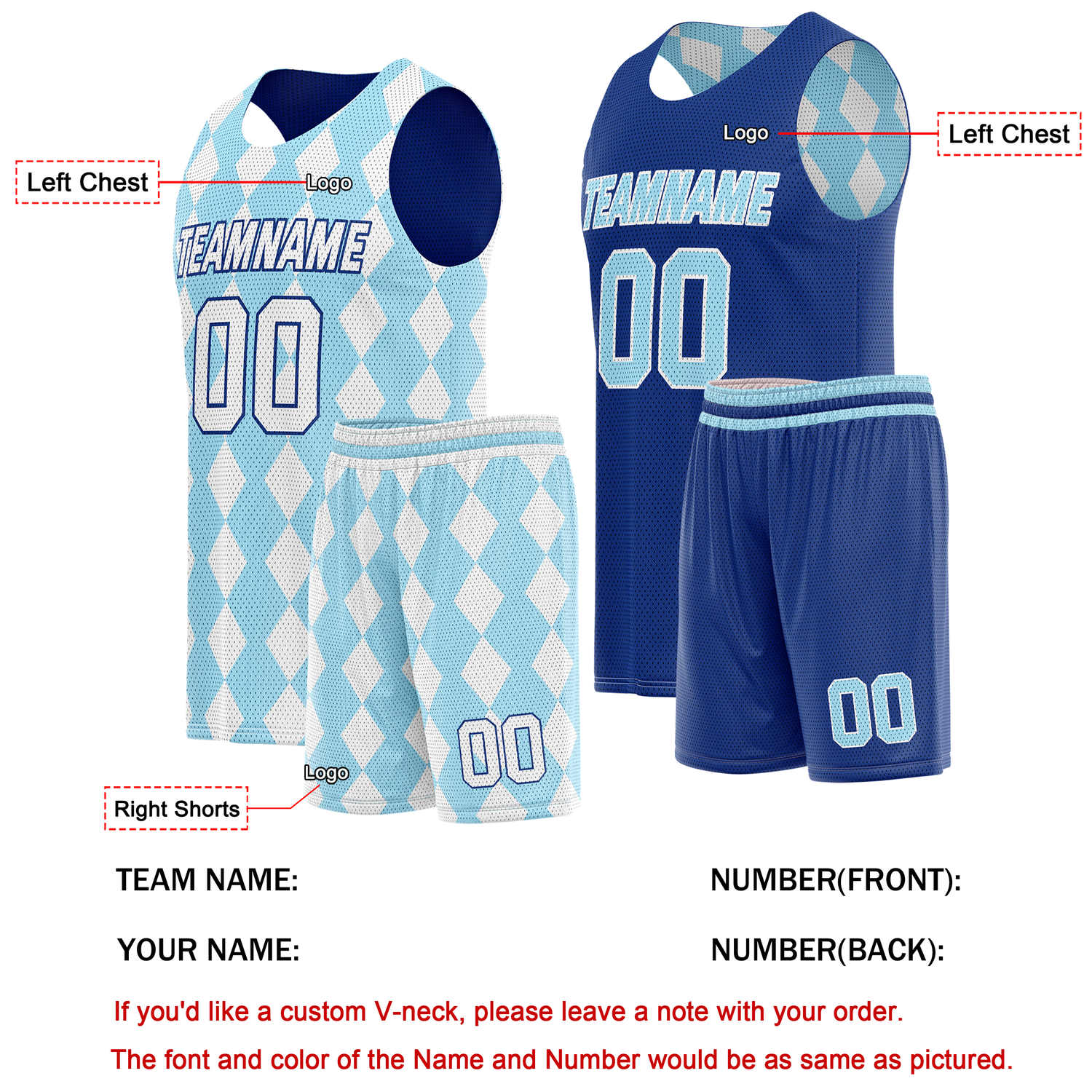 Custom Reversible Basketball Jersey + Shorts Set (Light Blue & Dark Blue) - Personalized Team Name, Number & LOGO | Vosoli