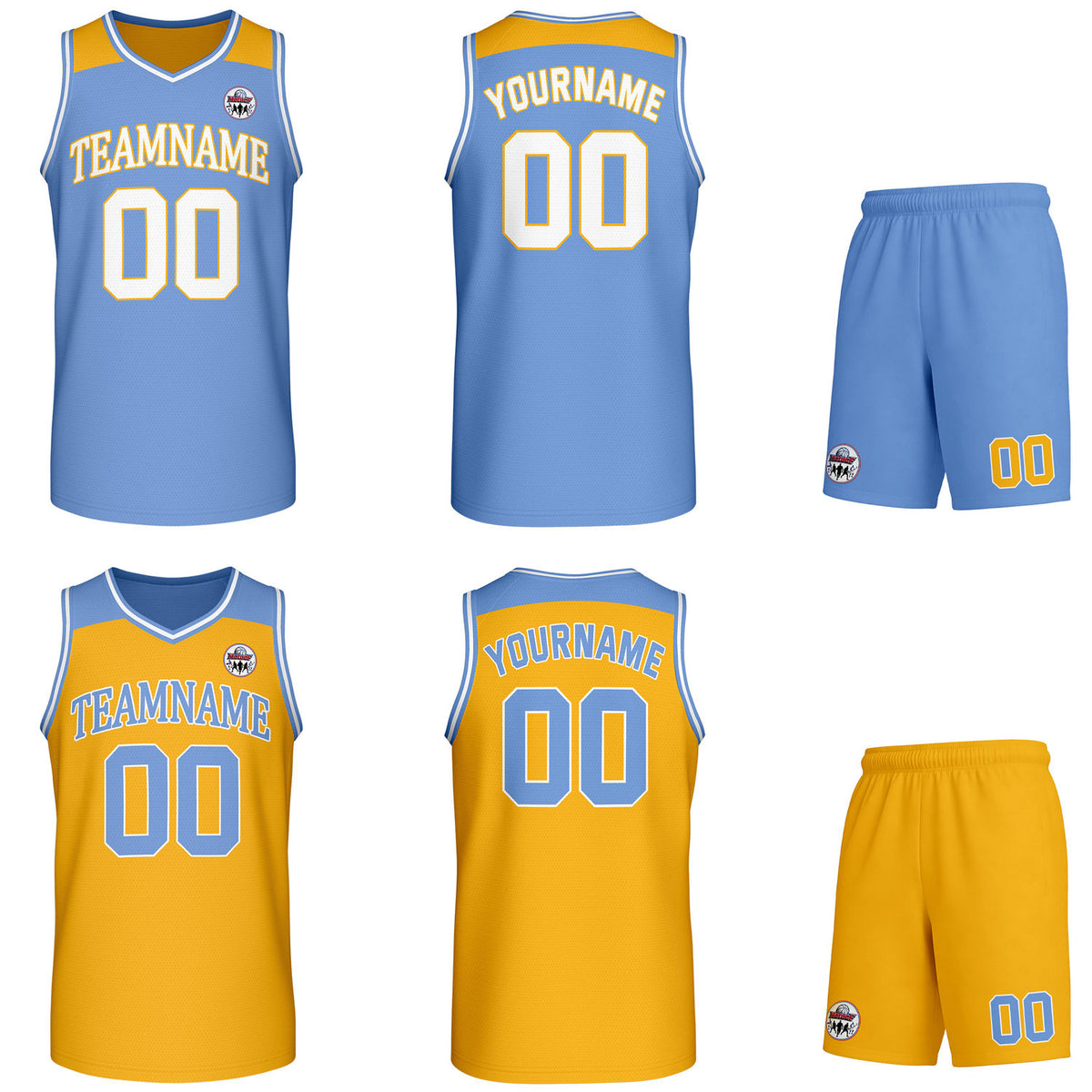 Custom reversible light blue &amp; gold basketball uniform set, personalized with team name number and logo, breathable mesh fabric for men women youth game practice - Vosoli