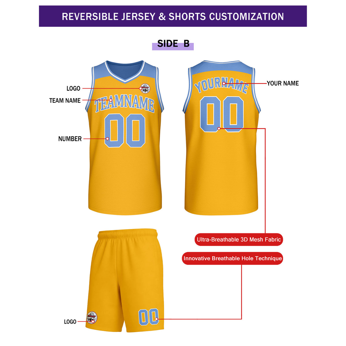 Custom Reversible Light Blue Gold Basketball Uniform Set | Team Name & Number - Vosoli
