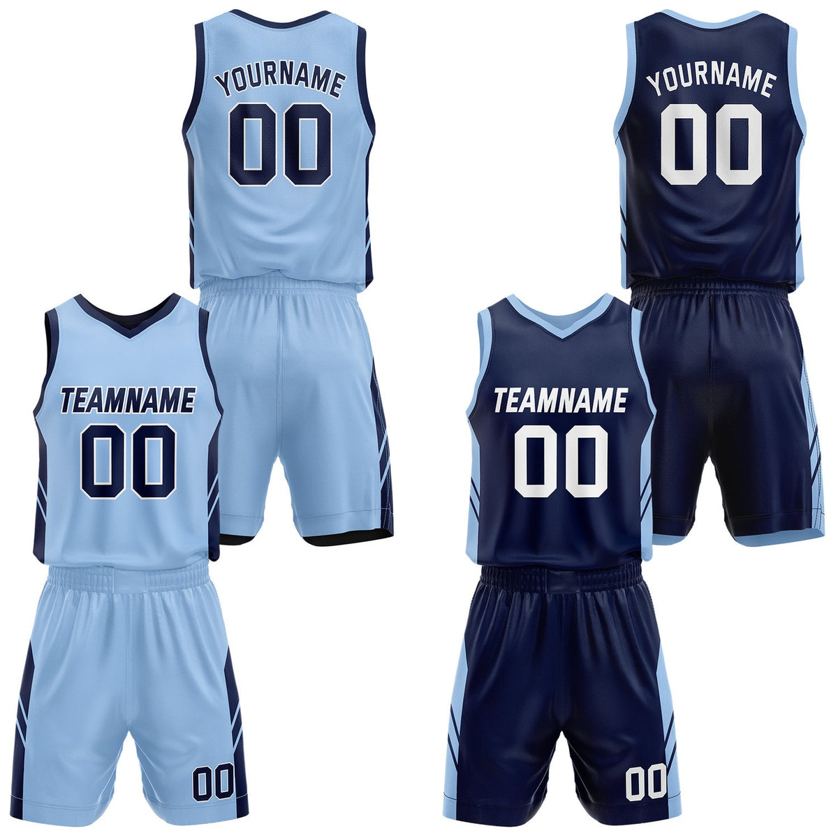 Custom Reversible Light Blue Navy Basketball Jersey and Shorts Set, Personalized Team Name Number Breathable Mesh Uniform for Men Women Youth