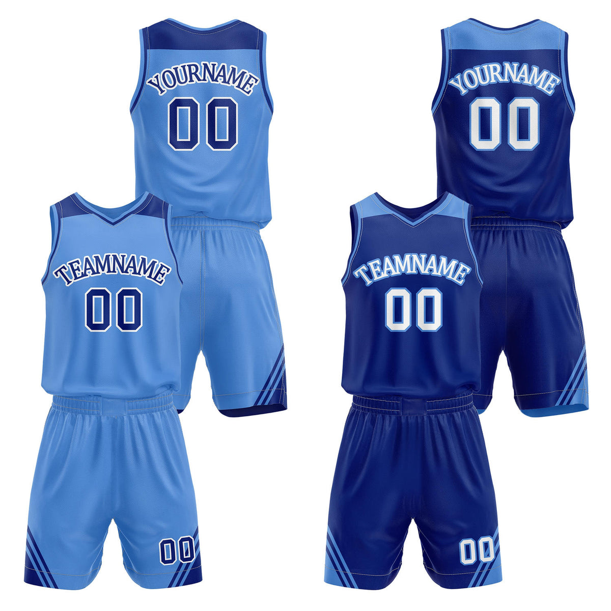 Custom reversible light blue &amp; navy basketball uniform set, personalized with team name number and logo, breathable mesh fabric for men women youth game practice - Vosoli