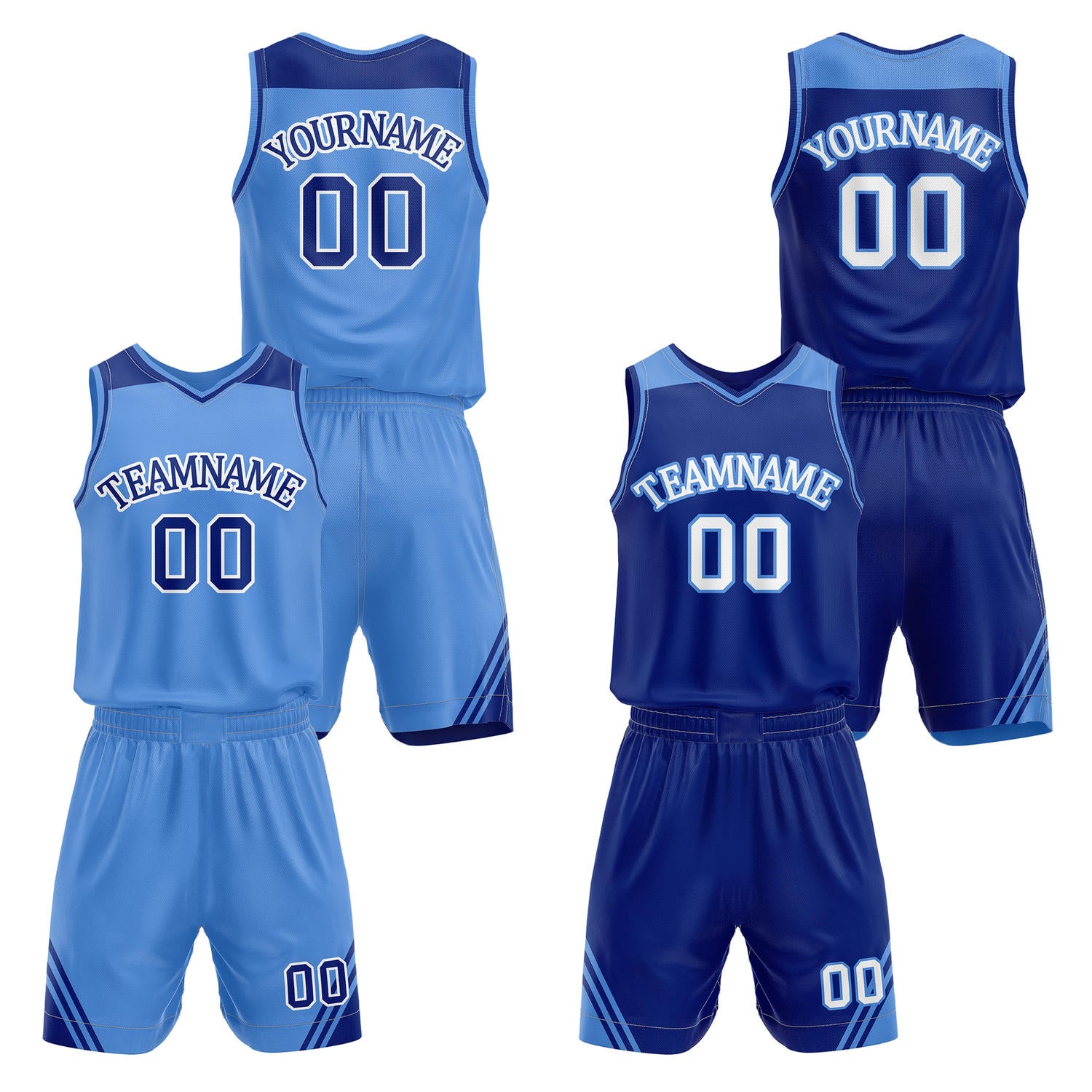 Custom reversible light blue & navy basketball uniform set, personalized with team name number and logo, breathable mesh fabric for men women youth game practice - Vosoli