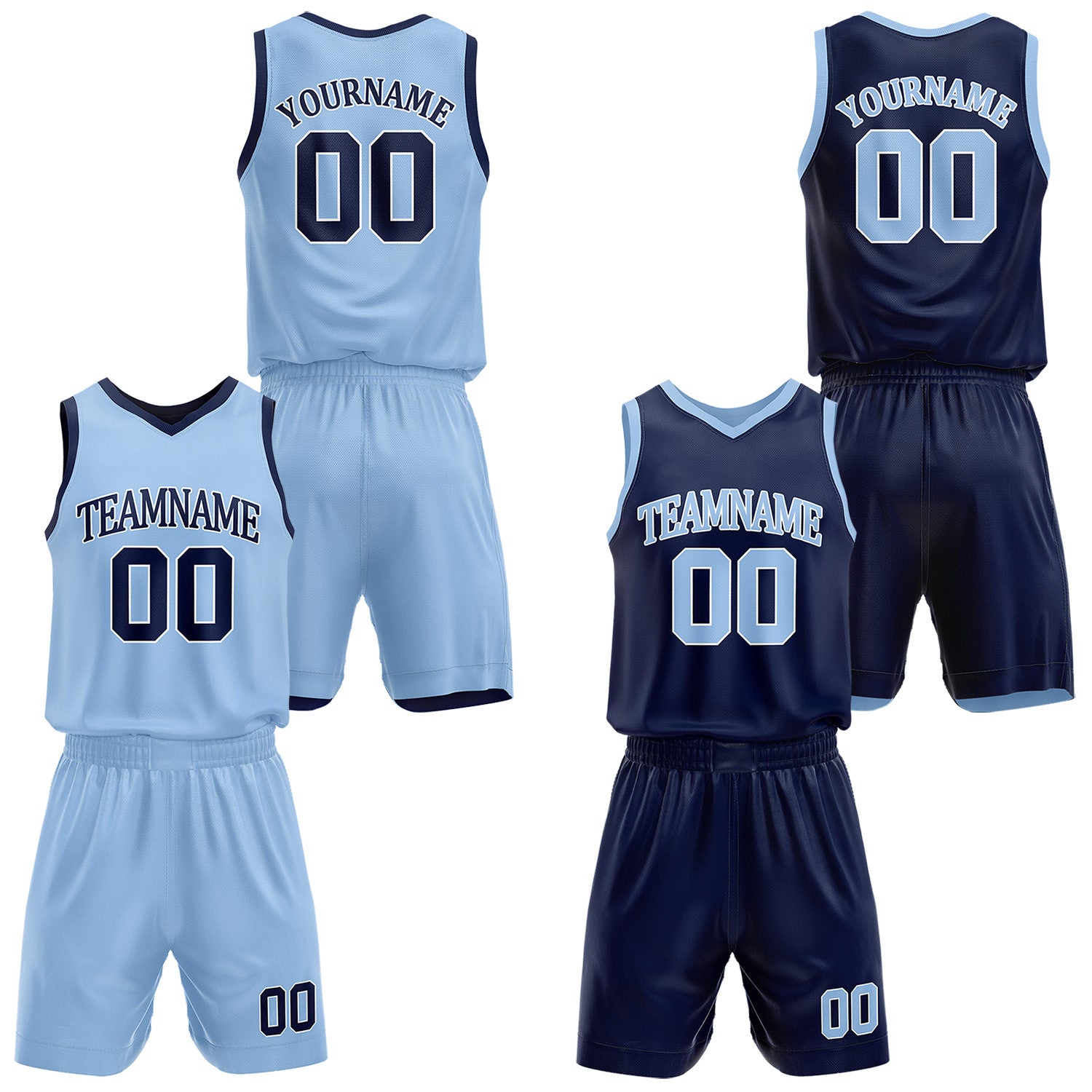 Custom reversible light blue & navy blue basketball uniform set, personalized with team name number and logo, sports jersey and shorts for men women youth game practice - Vosoli