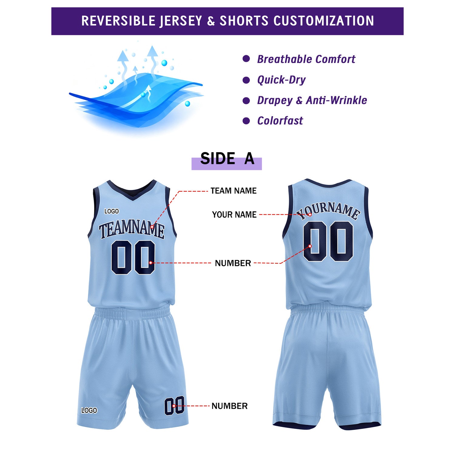 Custom Reversible Light Blue Navy Basketball Uniform Set | Team Name & Number - Vosoli