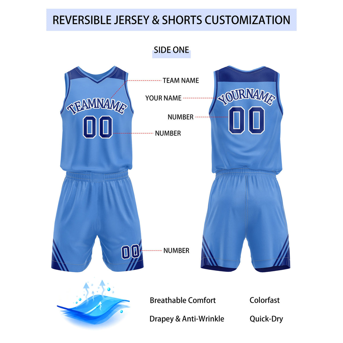 Custom Reversible Light Blue Navy Basketball Uniform Set | Team Name & Number - Vosoli