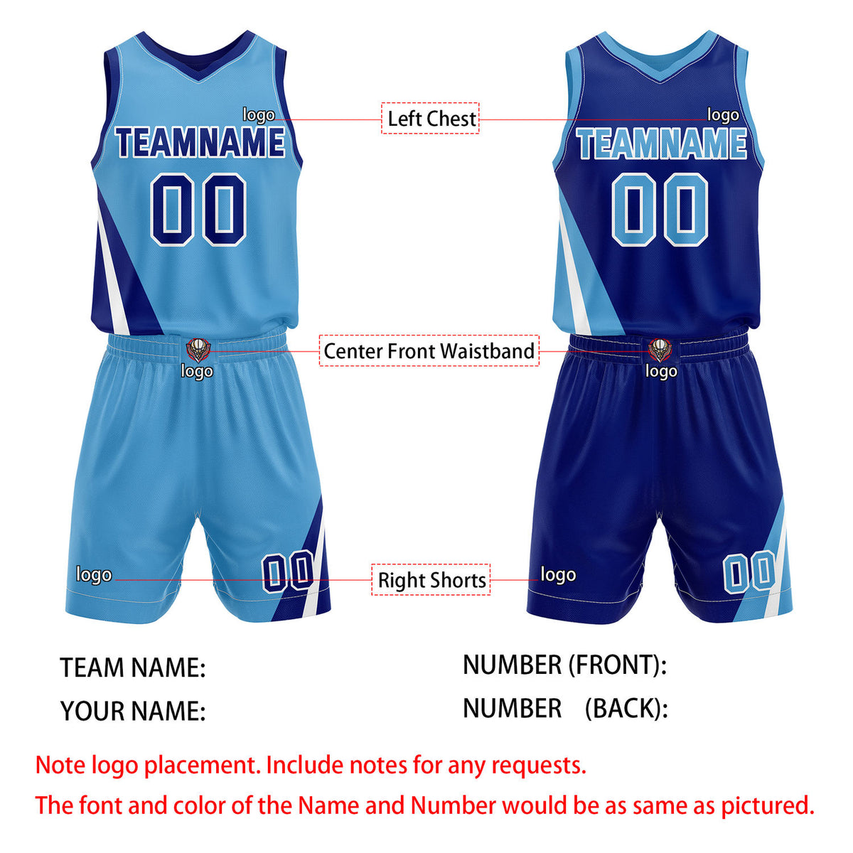 Custom Reversible Light Blue Navy Basketball Uniform Set | Team & Player Name - Vosoli