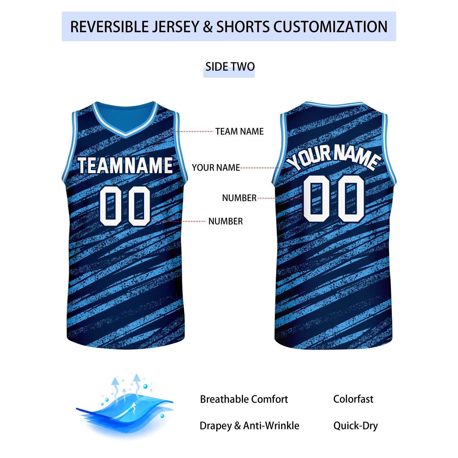 Custom Reversible Light Blue Navy Clean Basketball Jersey | Team & Player Name - Vosoli