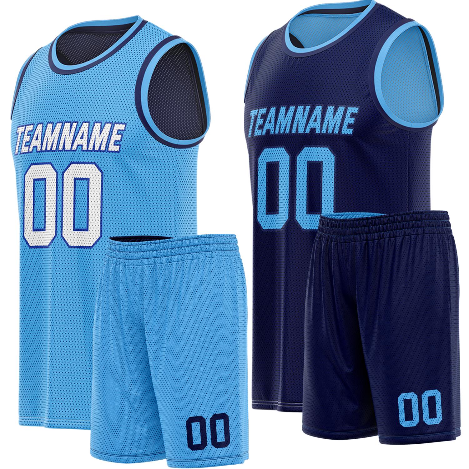 Custom reversible light blue & navy basketball uniform, personalized team name number Logo breathable Mesh sports set for men women youth Adult game practice - Vosoli