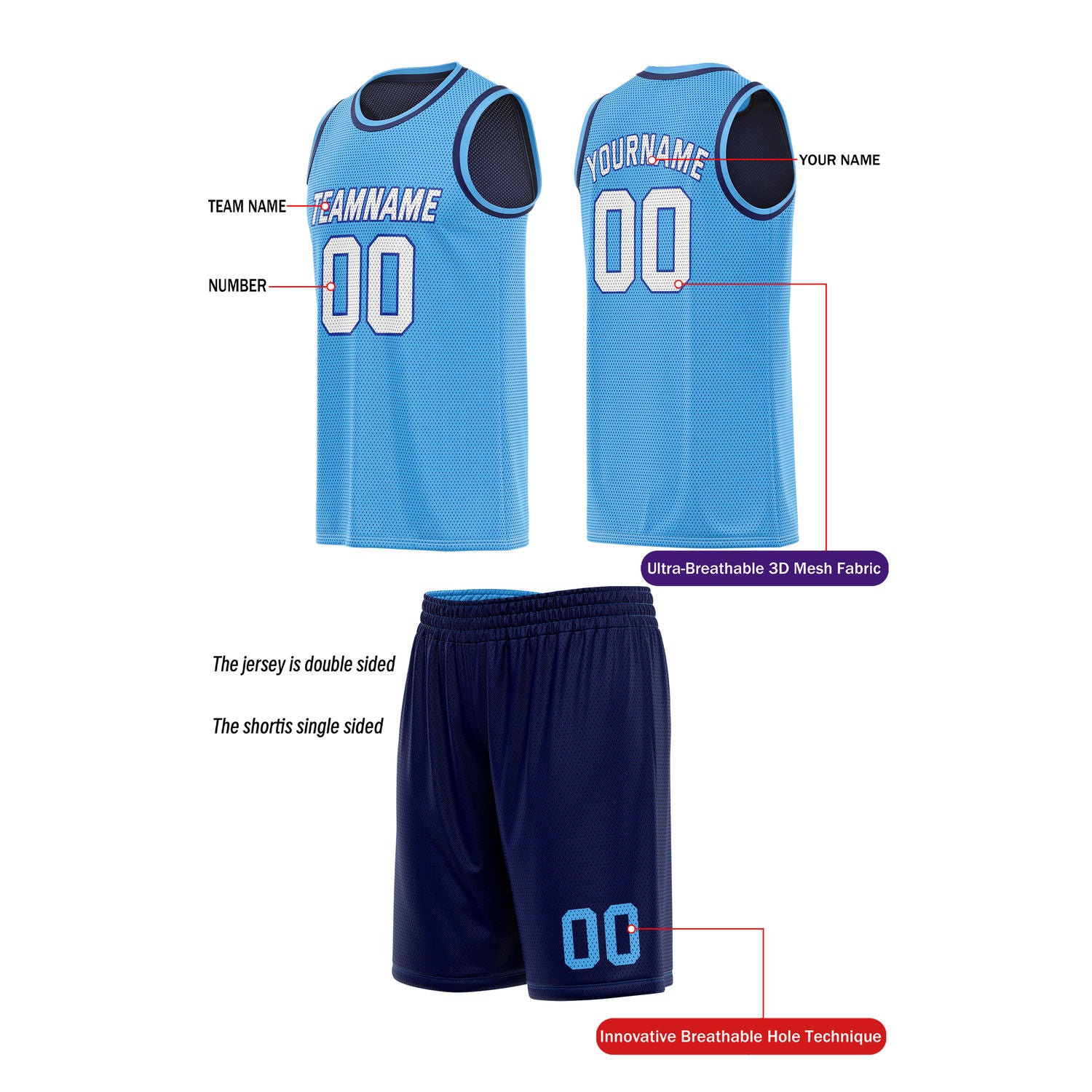 Custom Reversible Light Blue & Navy Basketball Uniform (Jersey + Shorts) | Personalized Team Set | Vosoli