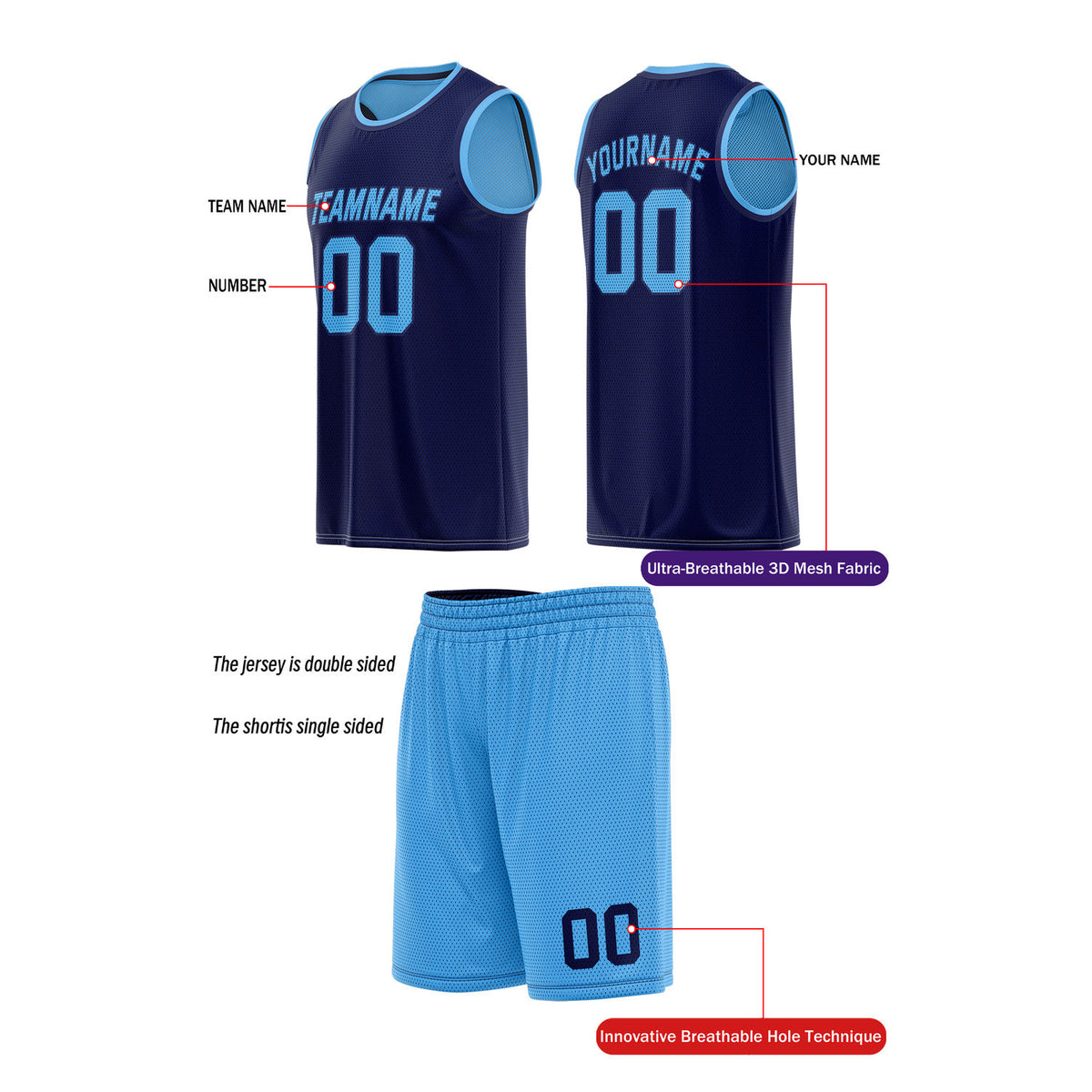 Custom Reversible Light Blue & Navy Basketball Uniform (Jersey + Shorts) | Personalized Team Set | Vosoli