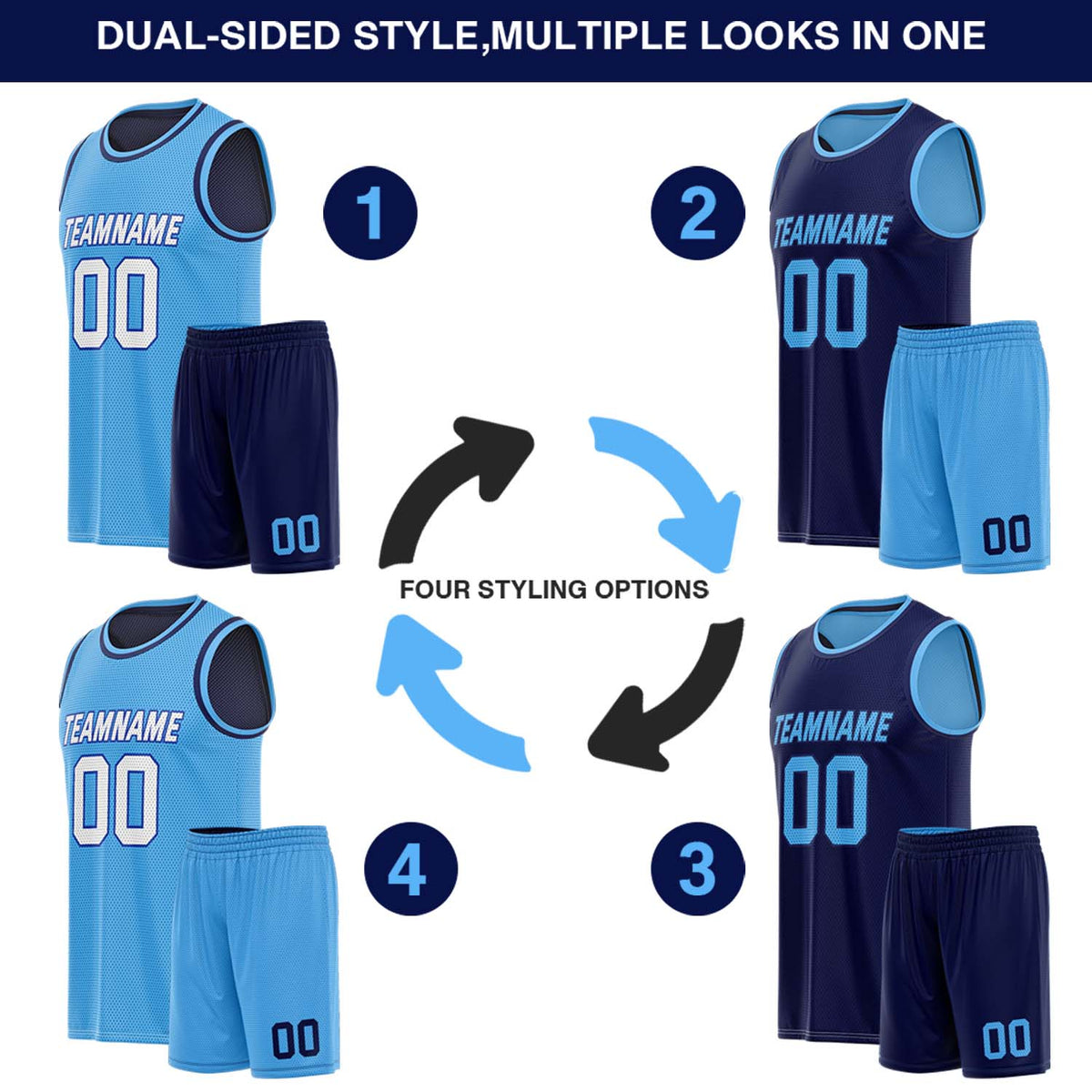 Custom Reversible Light Blue & Navy Basketball Uniform (Jersey + Shorts) | Personalized Team Set | Vosoli